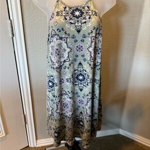 French Grey Light Green Floral Print Dress with Navy Accents Sz M